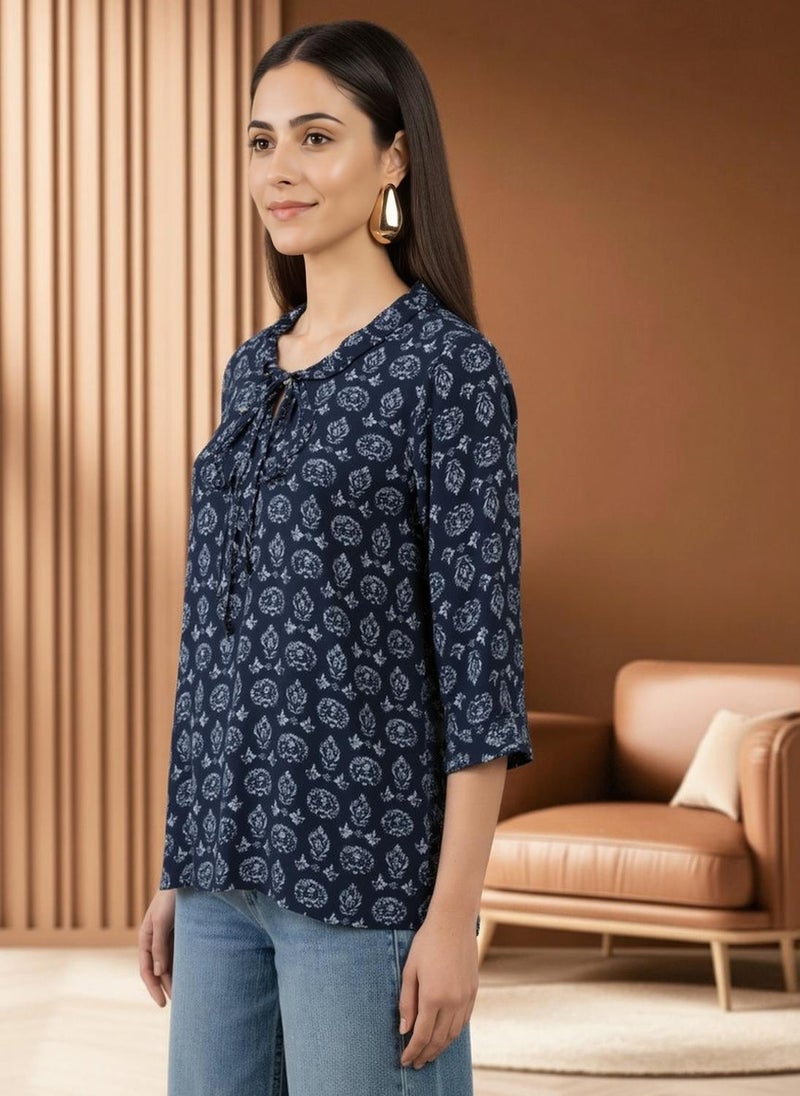 Globus Women Navy Blue Tie-Up Neck Ethnic Print Frill Detail Top - Image 3