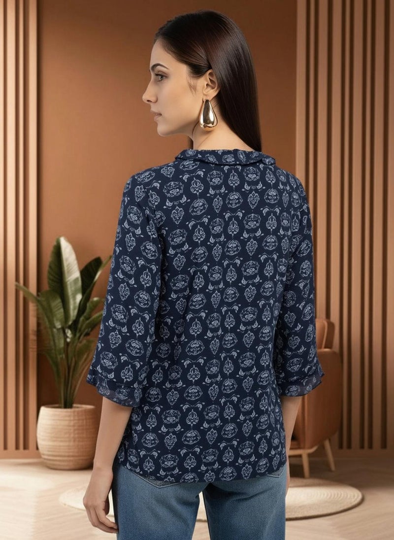 Globus Women Navy Blue Tie-Up Neck Ethnic Print Frill Detail Top - Image 4