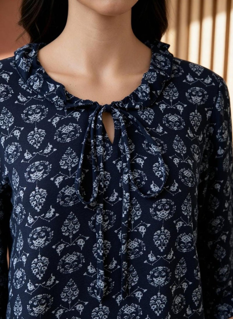 Globus Women Navy Blue Tie-Up Neck Ethnic Print Frill Detail Top - Image 5