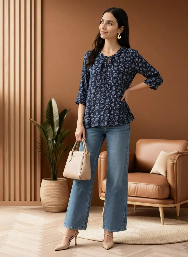 globus Globus Women Navy Blue Tie-Up Neck Ethnic Print Frill Detail Top