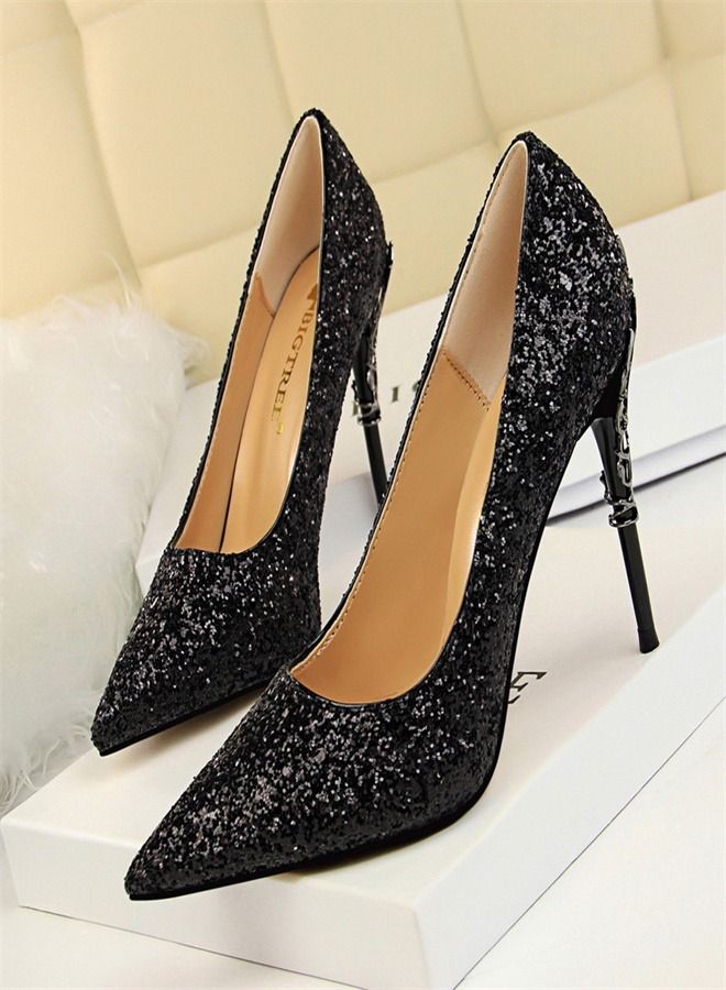 BIGTREE Shallow Pointed Sequin High Heels 9.5CM Black