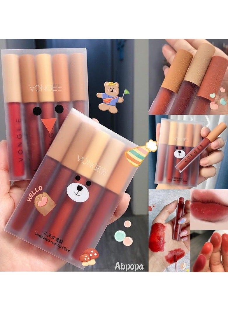 مجموعة أحمر شفاه كريمي من فونجي مكونة من 5 قطع على شكل دب مسطح، مجموعة من 6 قطع موغلين أحمر - Image 1