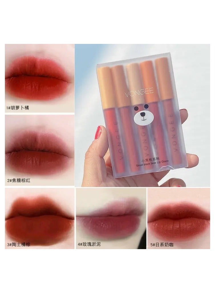 مجموعة أحمر شفاه كريمي من فونجي مكونة من 5 قطع على شكل دب مسطح، مجموعة من 6 قطع موغلين أحمر - Image 3