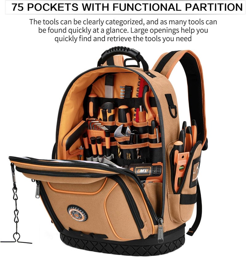 LOKASS Tool Bag Backpack, 75 Pockets & Loops Canvas Heavy Duty Tools Organizer Bags/HVAC Tool Carrier for Electrician/Construction Work with Molded Base and Combination Lock - Brown - Image 4