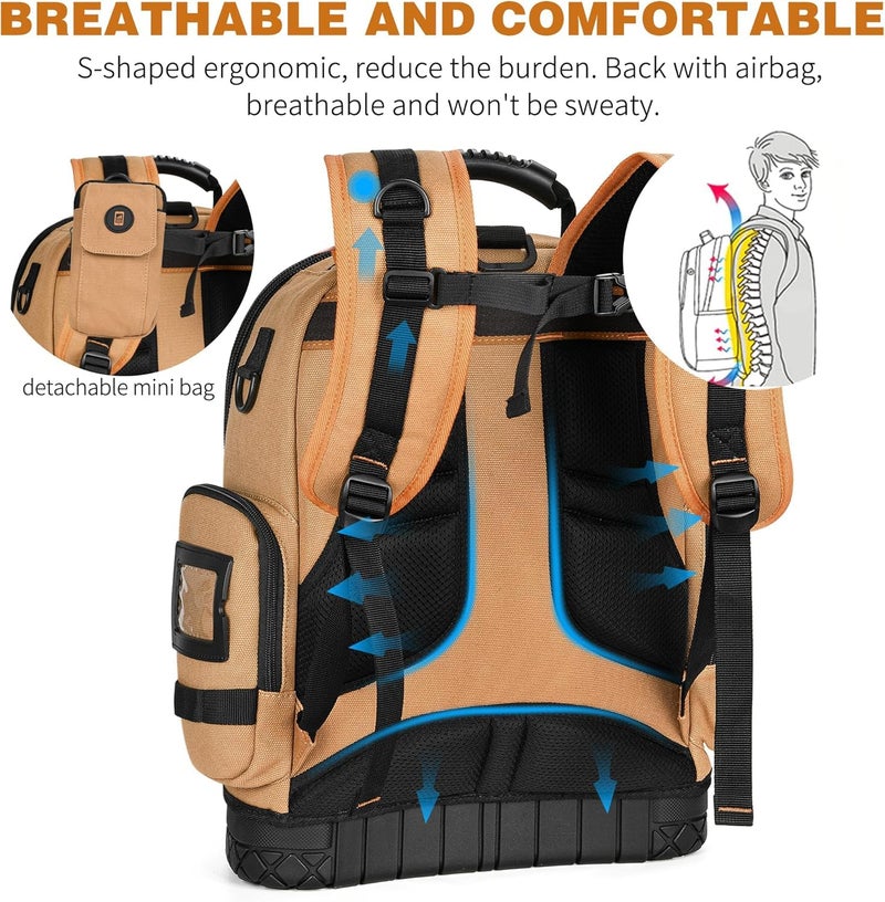 LOKASS Tool Bag Backpack, 75 Pockets & Loops Canvas Heavy Duty Tools Organizer Bags/HVAC Tool Carrier for Electrician/Construction Work with Molded Base and Combination Lock - Brown - Image 3