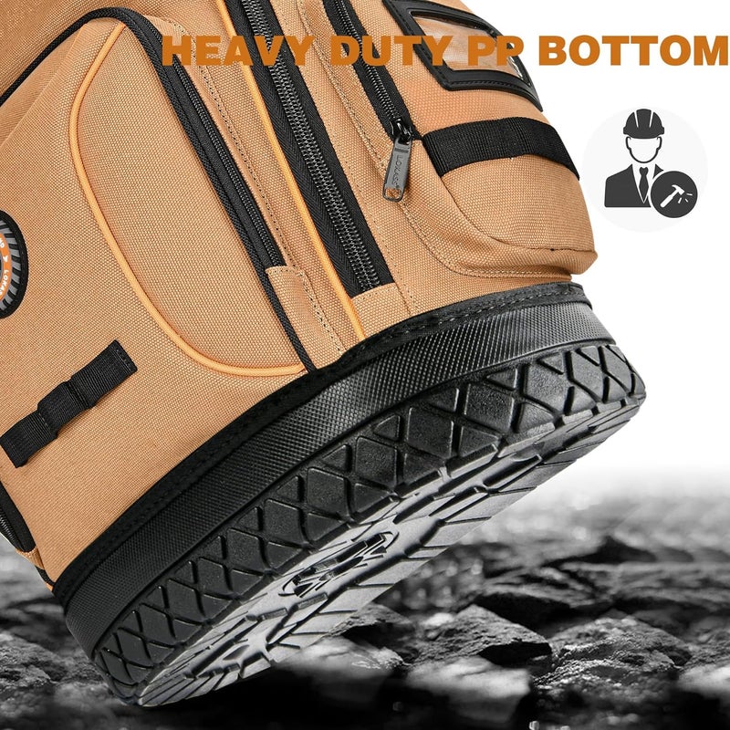 LOKASS Tool Bag Backpack, 75 Pockets & Loops Canvas Heavy Duty Tools Organizer Bags/HVAC Tool Carrier for Electrician/Construction Work with Molded Base and Combination Lock - Brown - Image 2