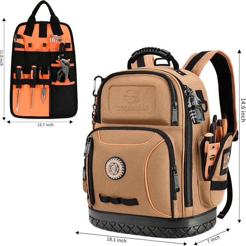LOKASS Tool Bag Backpack, 75 Pockets & Loops Canvas Heavy Duty Tools Organizer Bags/HVAC Tool Carrier for Electrician/Construction Work with Molded Base and Combination Lock - Brown - Image 5