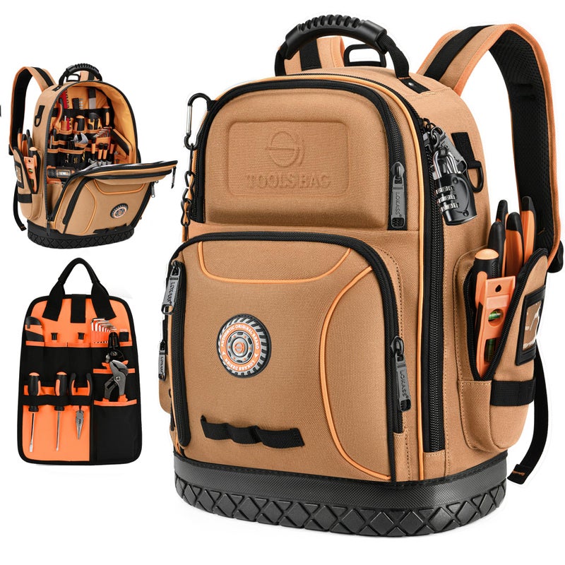 LOKASS Tool Bag Backpack, 75 Pockets & Loops Canvas Heavy Duty Tools Organizer Bags/HVAC Tool Carrier for Electrician/Construction Work with Molded Base and Combination Lock - Brown - Image 1
