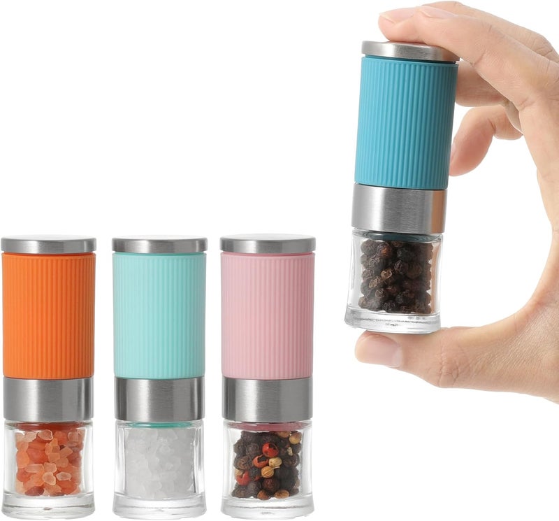 VEVOK CHEF مطحنة ملح وفلفل صغيرة من VEVOK CHEF، مكونة من 4 قطع، مصنوعة من الزجاج، مطحنة توابل، مزودة بمزجرتين للملح والفلفل، مصنوعة من السيراميك، باللون الأسود، مناسبة للسفر، علبة الغداء، وهدية للمطبخ. - Image 1