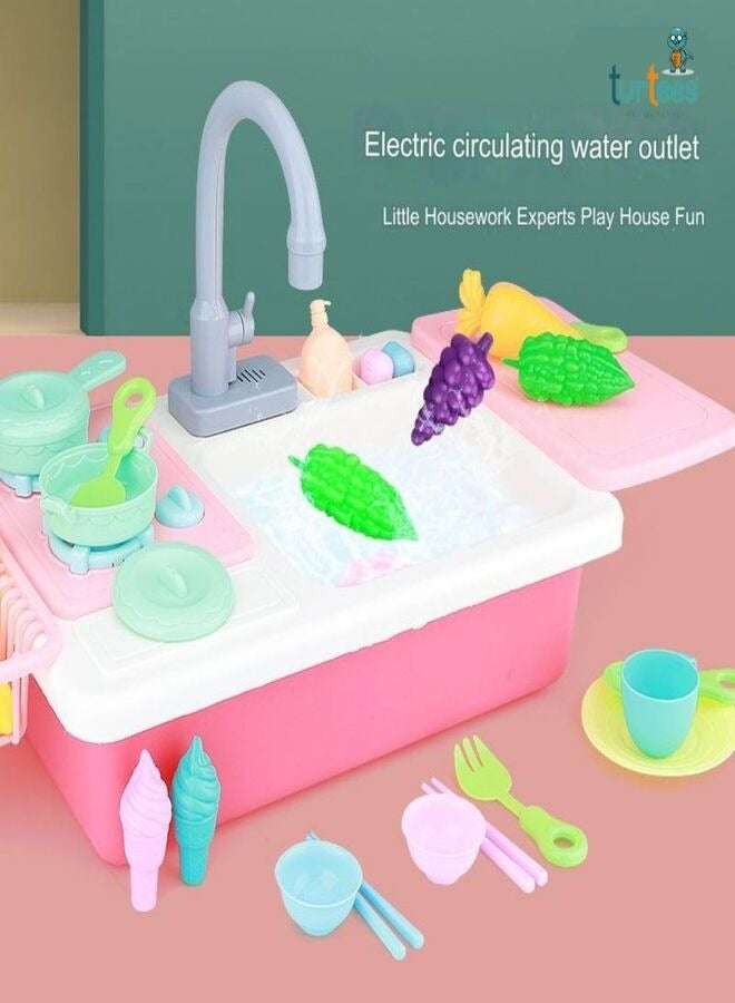 ترتيس لعبة التظاهر باللعب في حوض المطبخ، اللعب التظاهري، ألعاب المطبخ، أدوات المطبخ، الضغط على صنبور المياه والصرف، مجموعة ألعاب بلاستيكية لغسالة الأطباق للأولاد والبنات، لون وردي - Image 2
