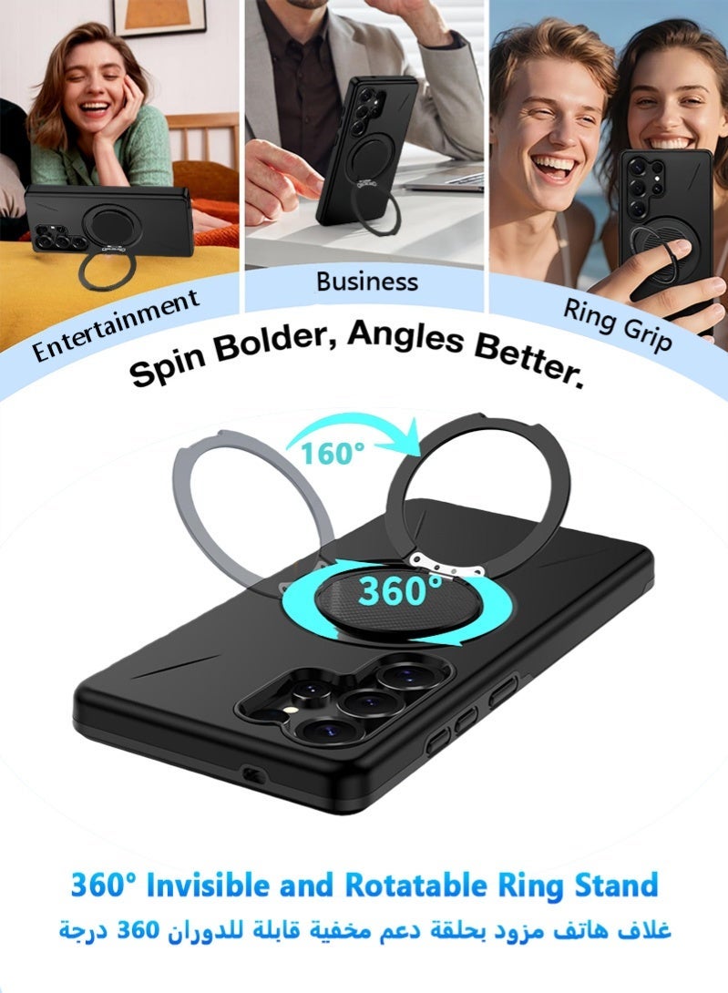 Samsung Galaxy S25 Ultra Case MagSafe Cover, Invisible 360° Ring Stand & Holder, Magnetic Slim Full Protective Case, Black - Image 2