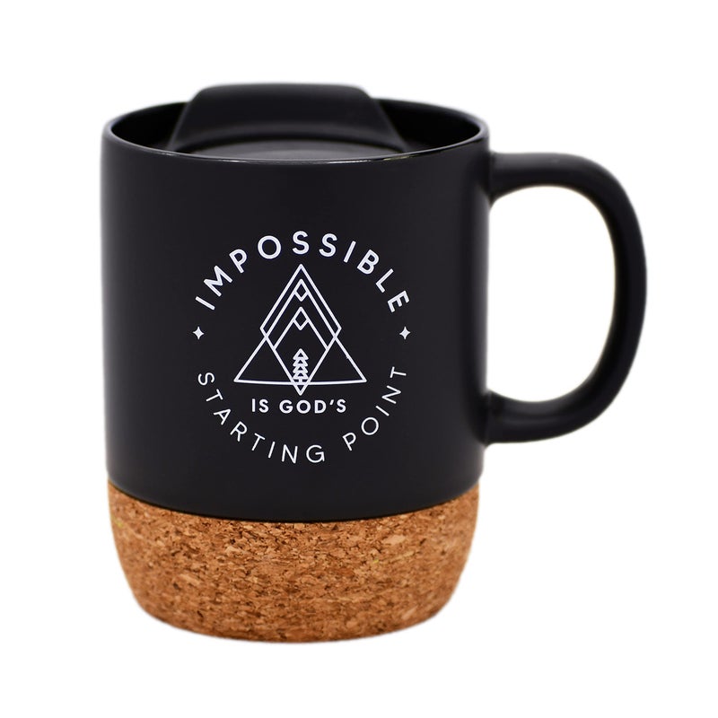 Ceramic Designer Coffee Mug  Impossible is Gods starting point  Holds 14 ounces  Cork Bottom with Lid  Great for Coffee Tea Soups Hot Chocolate