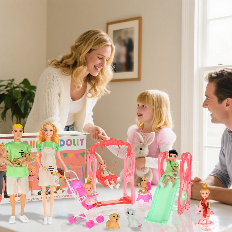 ebuddy Family Dolls Playset with Slide Swing and Baby Stroller - 7 People, Pets & Accessories for 3-12 Years Old Toddler Gift - Image 4