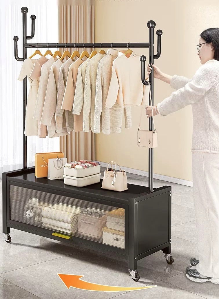 SHEE ONE Modern 2-in-1 Clothes Rack | Hanger with Garment Rail and Transparent Storage Cabinet | Rolling Wheels & Side Hooks | Black Color | Size: 176×100×33 cm - Image 2