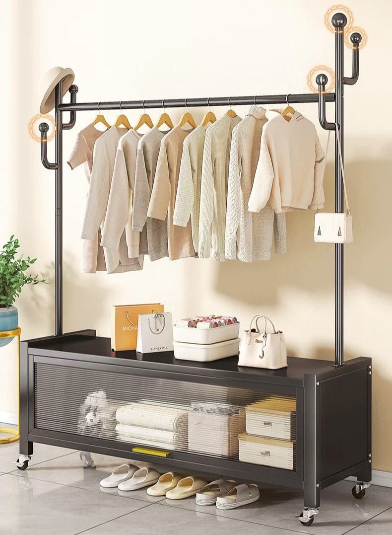 SHEE ONE Modern 2-in-1 Clothes Rack | Hanger with Garment Rail and Transparent Storage Cabinet | Rolling Wheels & Side Hooks | Black Color | Size: 176×100×33 cm - Image 5