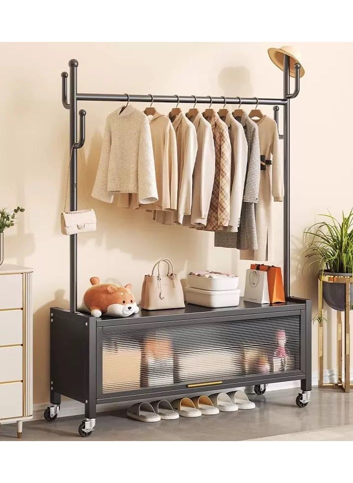 SHEE ONE Modern 2-in-1 Clothes Rack | Hanger with Garment Rail and Transparent Storage Cabinet | Rolling Wheels & Side Hooks | Black Color | Size: 176×100×33 cm - Image 1