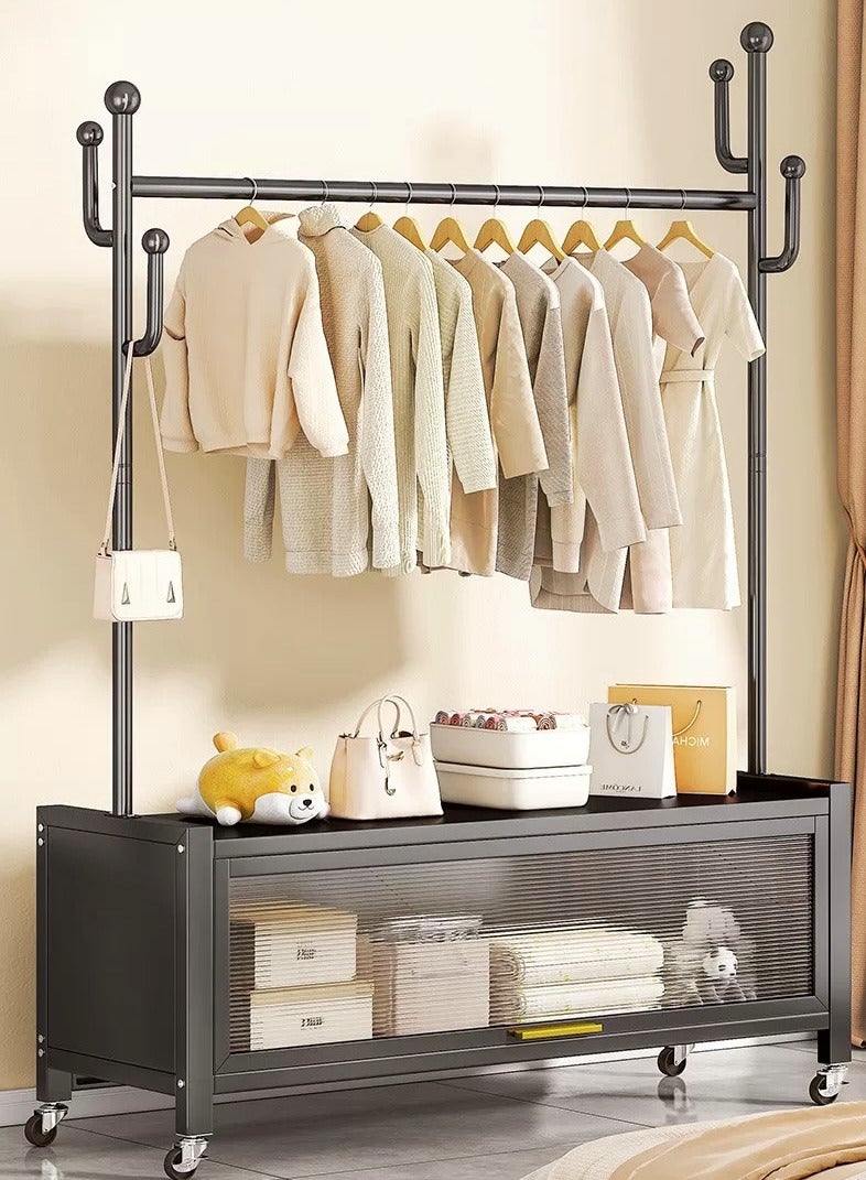 SHEE ONE Modern 2-in-1 Clothes Rack | Hanger with Garment Rail and Transparent Storage Cabinet | Rolling Wheels & Side Hooks | Black Color | Size: 176×100×33 cm - Image 3