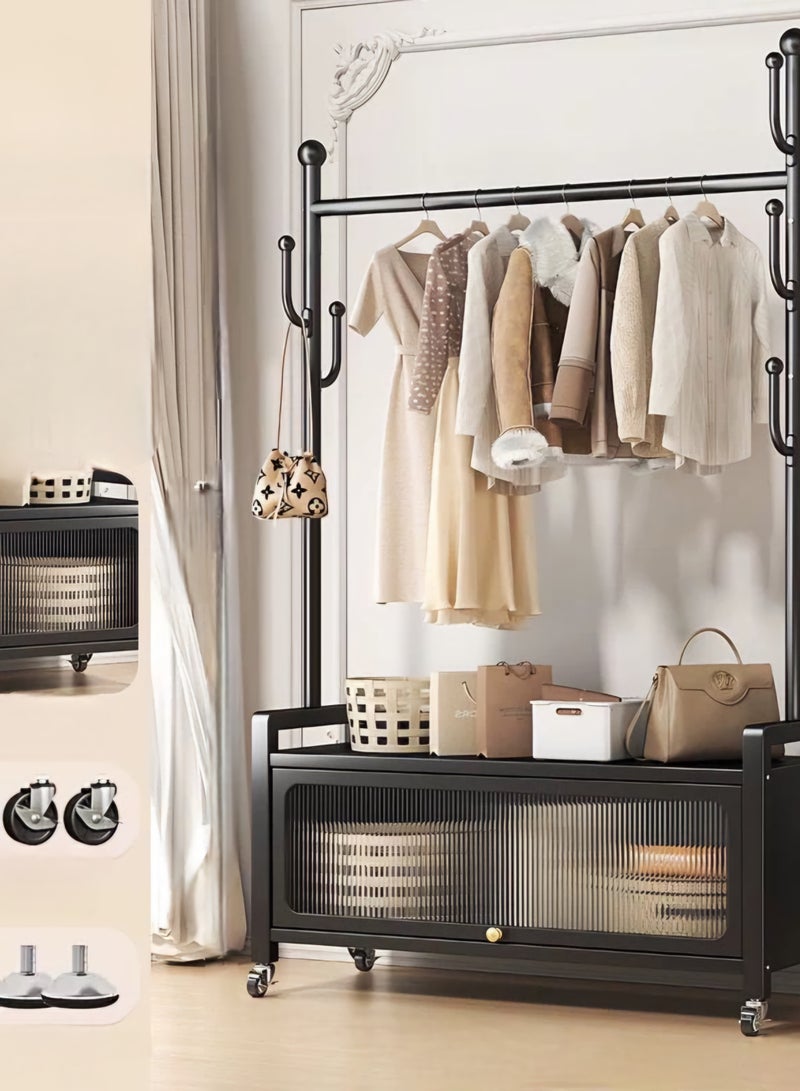 SHEE ONE Modern 2-in-1 Clothes Rack | Hanger with Garment Rail and Transparent Storage Cabinet | Rolling Wheels & Side Hooks | Black Color | Size: 176×100×33 cm - Image 4