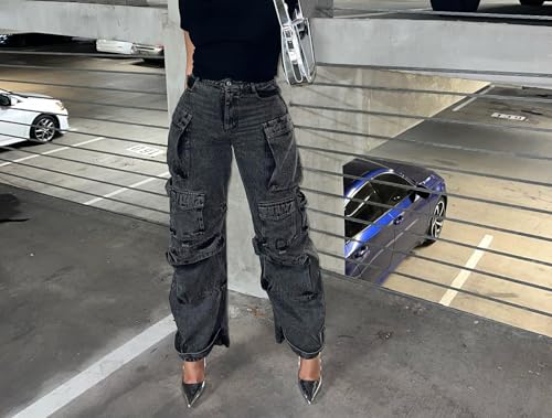 LKOUS Women's Y2K Baggy Straight Wide Leg Cargo Jeans, Streetwear High Waisted Denim Pant Grey - Image 3