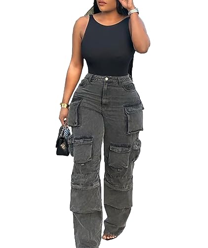 LKOUS Women's Y2K Baggy Straight Wide Leg Cargo Jeans, Streetwear High Waisted Denim Pant Grey - Image 2