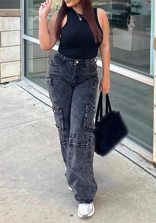 LKOUS Women's Y2K Baggy Straight Wide Leg Cargo Jeans, Streetwear High Waisted Denim Pant Grey - Image 4