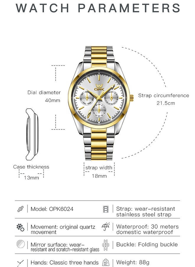 OPK Watches, Fashionable and Casual Men's Watch, Luminous Waterproof Quartz Watch, Men's Watch, 6024, Gold and White Dial - Image 3
