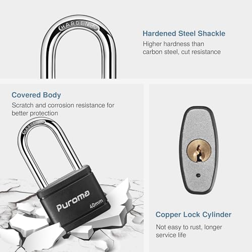 Puroma 2 Pack Keyed Padlock with 3 Keys Alike, 1.8 Inch Locker Lock 40mm Heavy-Duty Locks for Gate Fence Hasp Cabinet Toolbox School Gym Locker (Black) - Image 4