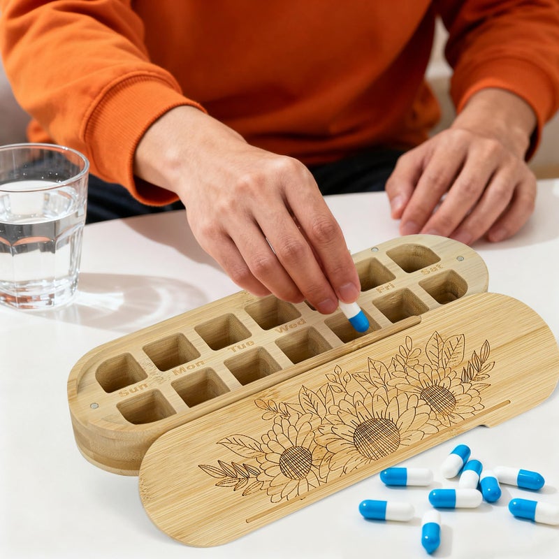 ElasignShopo 14 Compartment Pill Organizer - 7 Day Double Row Pill Case (2 per Day), Bamboo Wood Weekly Vitamin Dispenser with Magnetic Closure, Portable Travel Box for Supplements Fish Oil Pills (Capsule-Shaped) - Image 3