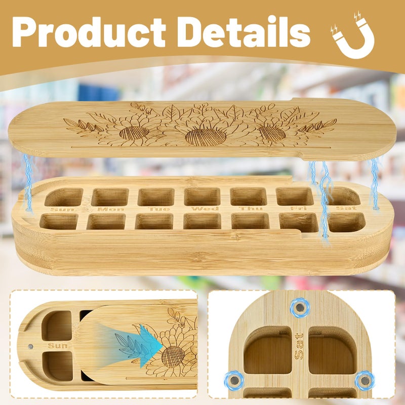 ElasignShopo 14 Compartment Pill Organizer - 7 Day Double Row Pill Case (2 per Day), Bamboo Wood Weekly Vitamin Dispenser with Magnetic Closure, Portable Travel Box for Supplements Fish Oil Pills (Capsule-Shaped) - Image 5