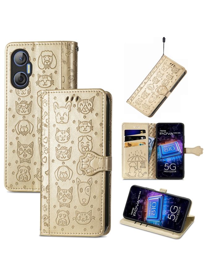 HuHa Case Cover For For Tecno Pova Neo 5G Cat and Dog Embossed Phone Leather Phone Case(Gold) 
