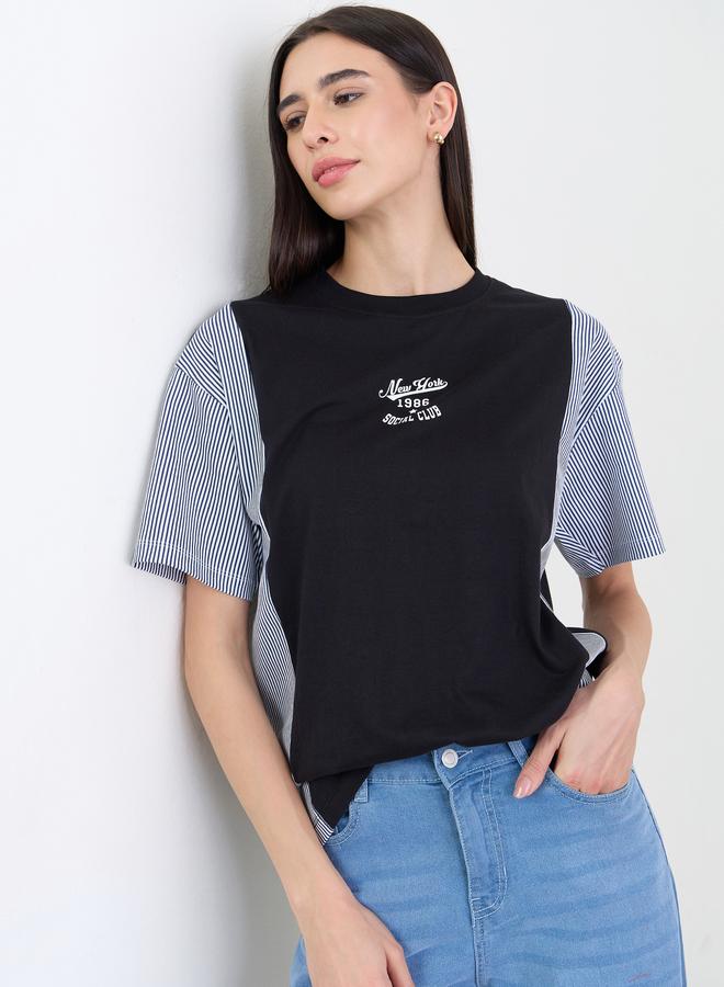 Styli Black Oversized Slogan Printed 100% Cotton T-Shirt - Image 1
