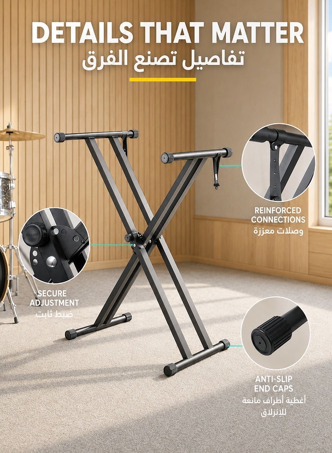 والالا حامل لوحة مفاتيح البيانو مزدوج X حامل لوحة مفاتيح شديد التحمل مع أحزمة قفل، يوفر أساسًا قويًا للغاية للوحات المفاتيح من 49 إلى 88 مفتاحًا، 7 ارتفاعات قابلة للتعديل - Image 4