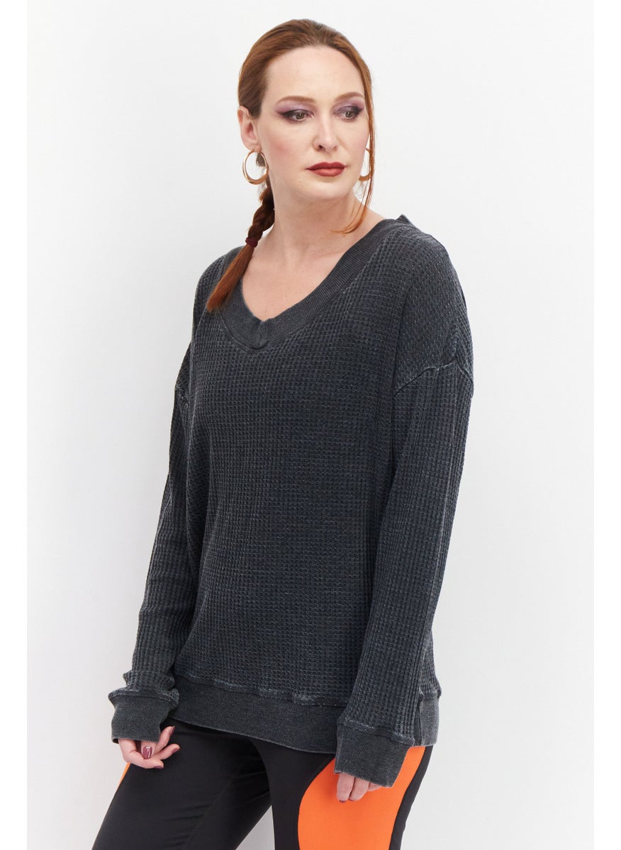 Marc New York Women Long Sleeve Solid Sweatshirt, Charcoal  - Image 3