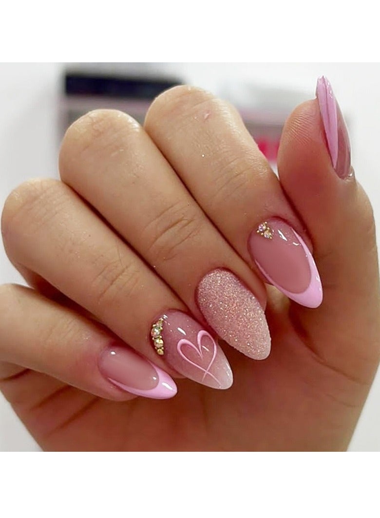 جوسكوين أظافر لاصقة 24 قطعة، فن الأظافر على شكل لوزة أوركيد، فن الأظافر الحصري لعيد الحب الرومانسي: أظافر لاصقة بريقية بتدرج لوني وردي وأبيض، أطراف أظافر عصرية قابلة للارتداء على طراز INS، تعكس الأناقة والتميز بشكل مثالي، أظافر أكريليك صناعية مع مجموعة لاصقة. - Image 1