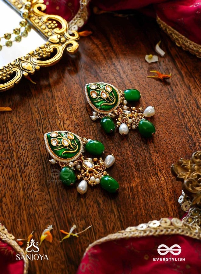 SANJOYA by EVERSTYLISH Kundan Earrings for Women | Enamelled Green & Pearl Dangler Earrings | Ethnic Jewelry for Weddings, Festivals & Special Occasions - Image 2