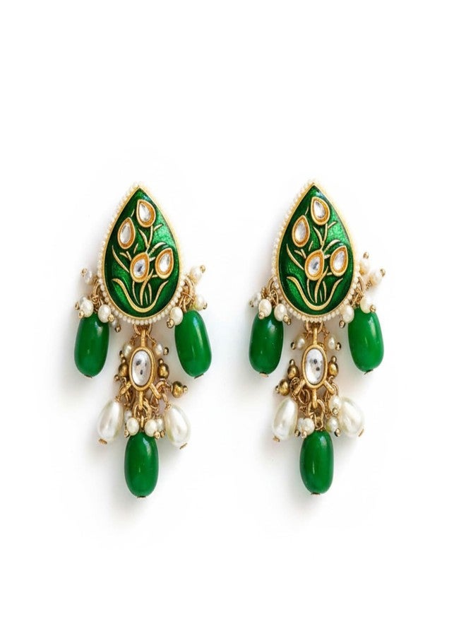 SANJOYA by EVERSTYLISH Kundan Earrings for Women | Enamelled Green & Pearl Dangler Earrings | Ethnic Jewelry for Weddings, Festivals & Special Occasions - Image 1