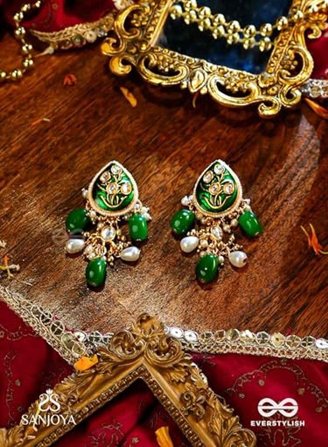 SANJOYA by EVERSTYLISH Kundan Earrings for Women | Enamelled Green & Pearl Dangler Earrings | Ethnic Jewelry for Weddings, Festivals & Special Occasions - Image 4