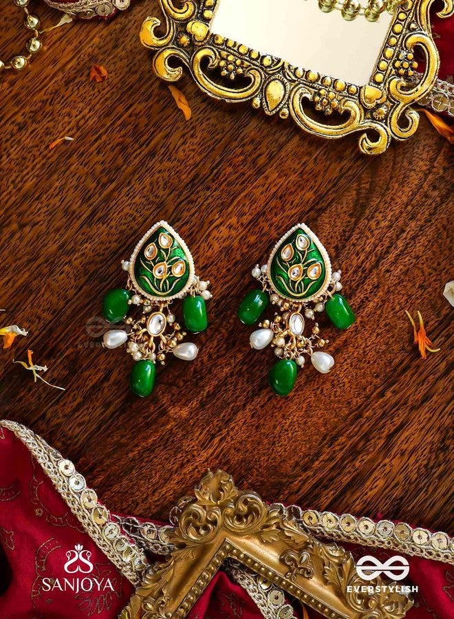 SANJOYA by EVERSTYLISH Kundan Earrings for Women | Enamelled Green & Pearl Dangler Earrings | Ethnic Jewelry for Weddings, Festivals & Special Occasions - Image 3