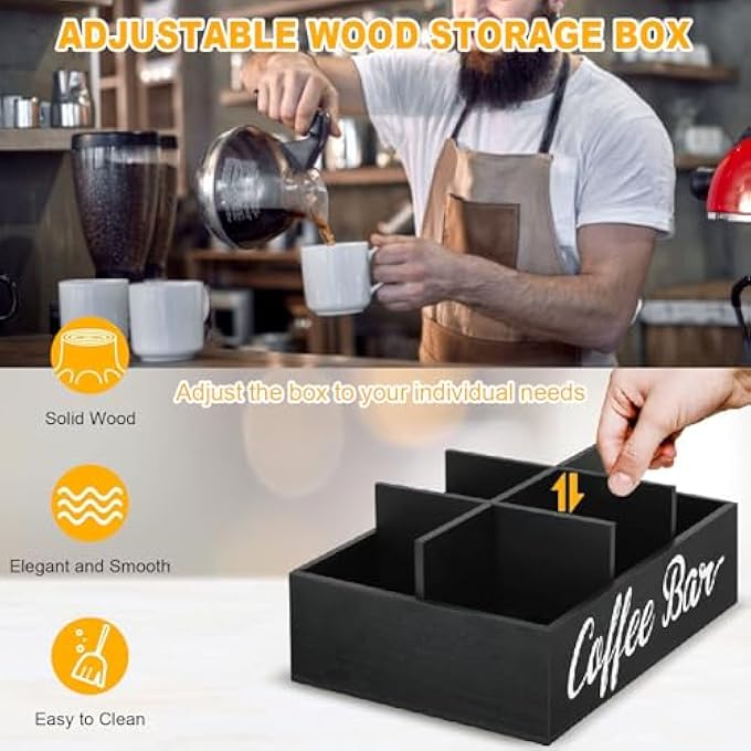 Wisoqu Coffee Station Organizer For Countertop Wood Coffee Pods Holder Storage Basket With Divider Coffee And Tea Condiment Storage Organizer For Countertop Farmhouse - Image 3