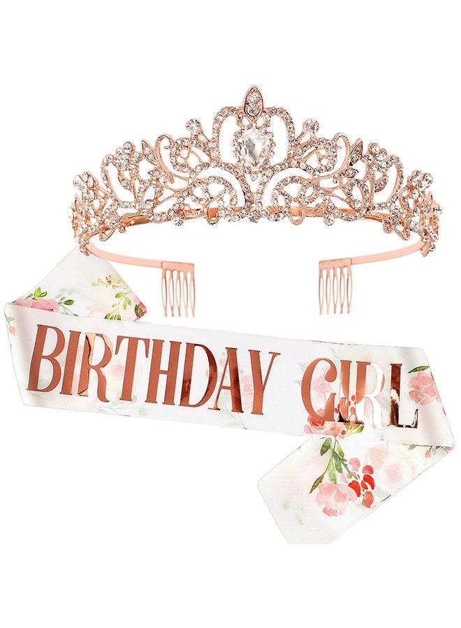 Birthday Girl Sash & Rhinestone Tiara Set, Gold Birthday Sash and Tiara for Women Birthday Decoration Kit, Rhinestone Headband for Girl, Glitter Crystal Hair Accessories for Birth Party - Image 1