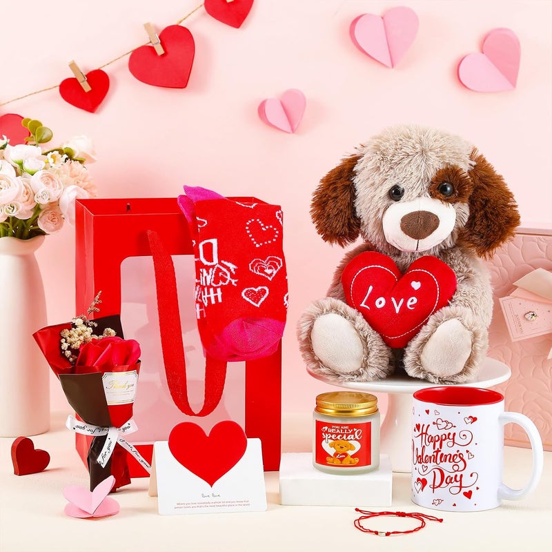 Syhood Syhood 8 Pcs Valentine Bear Dog Plush Stuffed Animals Gift Set Love Dog Stuffed Animal Roses Bouquet Coffee Mug Heart Crew Socks Candles Card Gift Bag for Wife  - Image 4