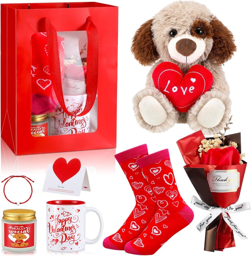 Syhood Syhood 8 Pcs Valentine Bear Dog Plush Stuffed Animals Gift Set Love Dog Stuffed Animal Roses Bouquet Coffee Mug Heart Crew Socks Candles Card Gift Bag for Wife  - Image 1