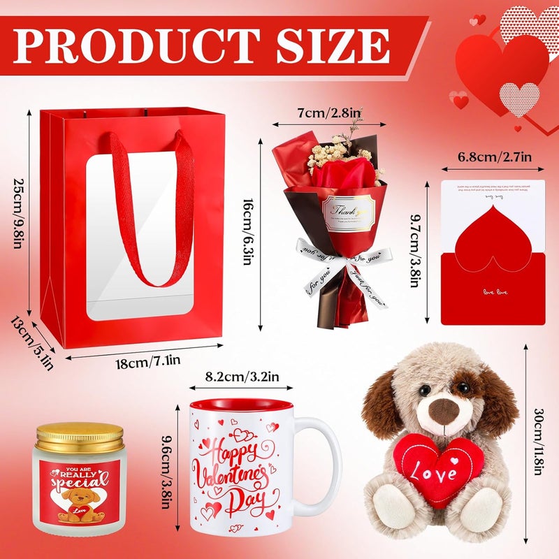 Syhood Syhood 8 Pcs Valentine Bear Dog Plush Stuffed Animals Gift Set Love Dog Stuffed Animal Roses Bouquet Coffee Mug Heart Crew Socks Candles Card Gift Bag for Wife  - Image 2