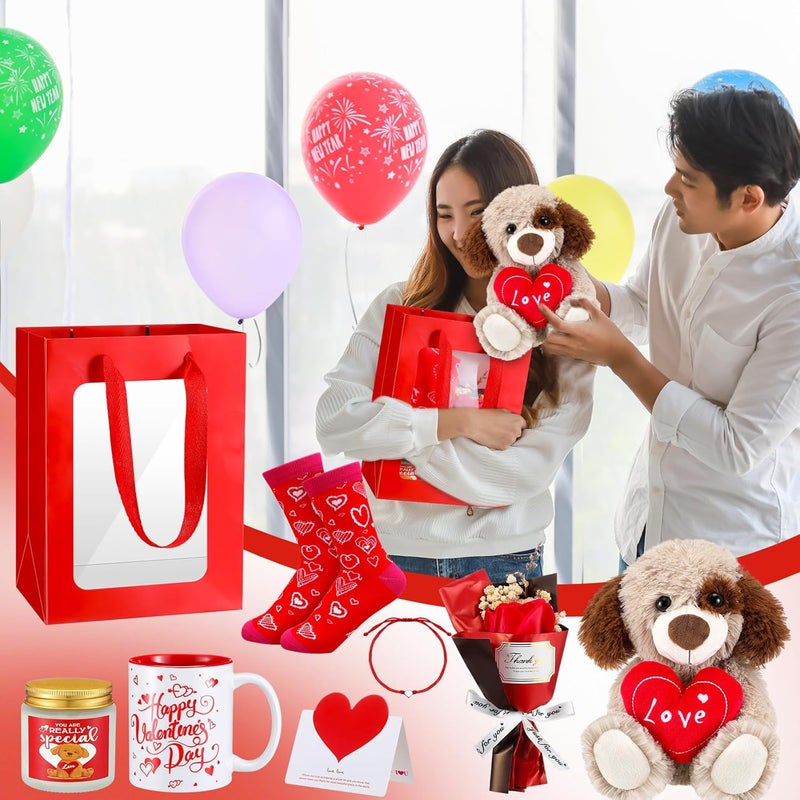 Syhood Syhood 8 Pcs Valentine Bear Dog Plush Stuffed Animals Gift Set Love Dog Stuffed Animal Roses Bouquet Coffee Mug Heart Crew Socks Candles Card Gift Bag for Wife  - Image 3