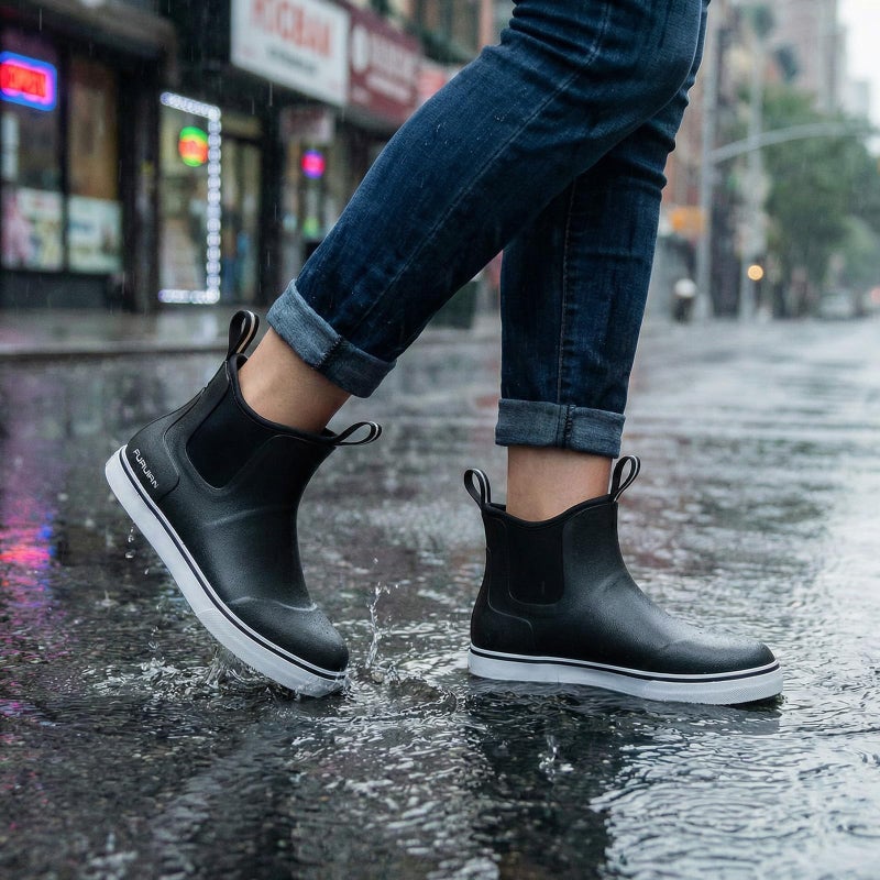 Furuian Women's Deck Boots Ankle Rain Boots Fishing Boots Rubber Waterproof Garden Shoes Slip-Resistant Outdoor Work Shoes,Black,Size 8 - Image 2