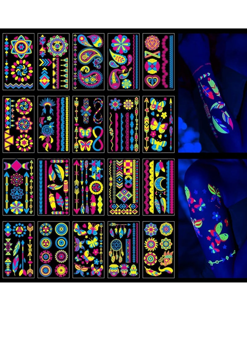 FengSVMA Glow in The Dark Temporary Tattoos 20 Sheet 160+Styles UV Neon Fluorescence Waterproof Tattoo Stickers Body Face Fake Tattoos Perfect for Adult, Rave Festival Accessory Party Supplies - Image 1