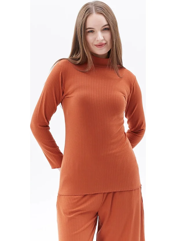 Defy's Women's Stand Collar Long Sleeve T-Shirt Cinnamon