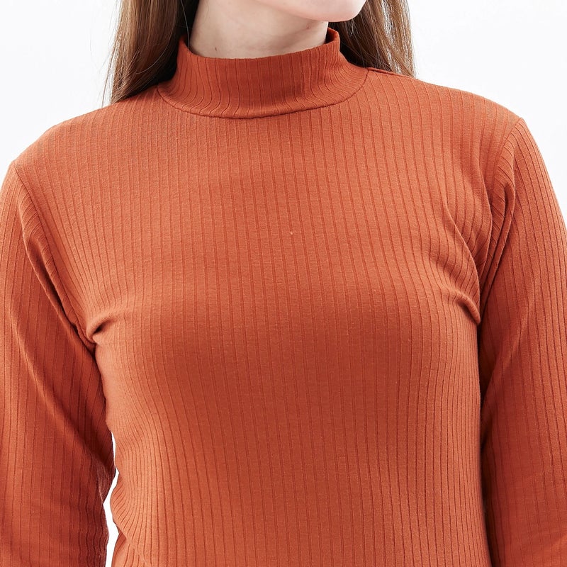Defy's Women's Stand Collar Long Sleeve T-Shirt Cinnamon  - Image 3
