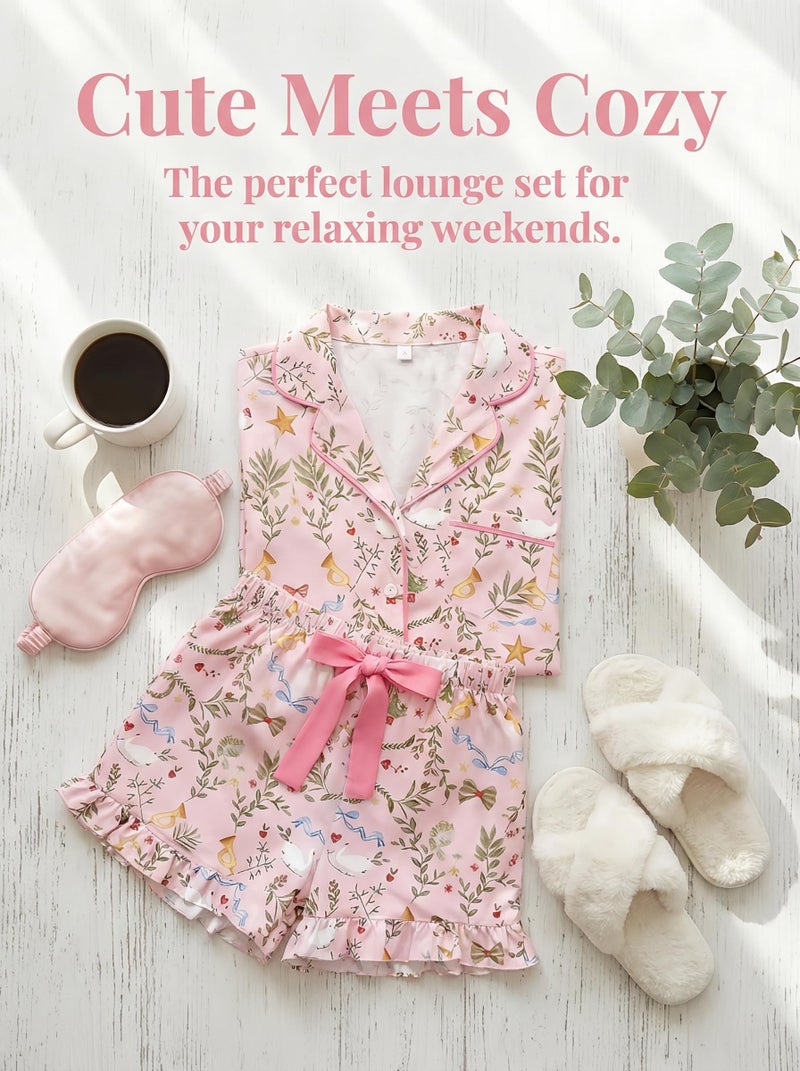 KevaMolly Womens Lounge Sets Floral Bow Printed Pocketed Knotted PJ Set Short Sleeve Xmas Top and Shorts Floral Light Pink M - Image 5