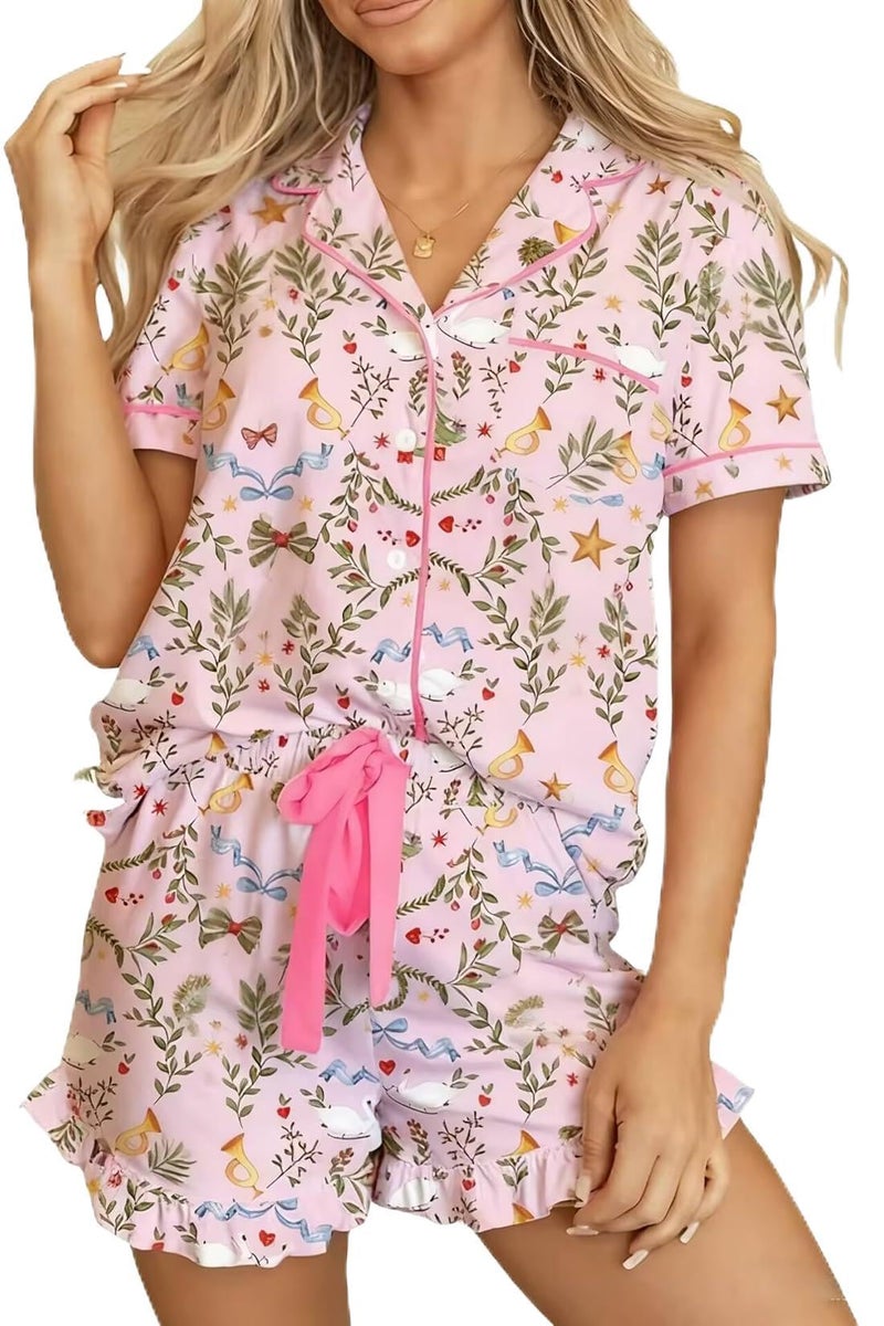 KevaMolly Womens Lounge Sets Floral Bow Printed Pocketed Knotted PJ Set Short Sleeve Xmas Top and Shorts Floral Light Pink M - Image 1